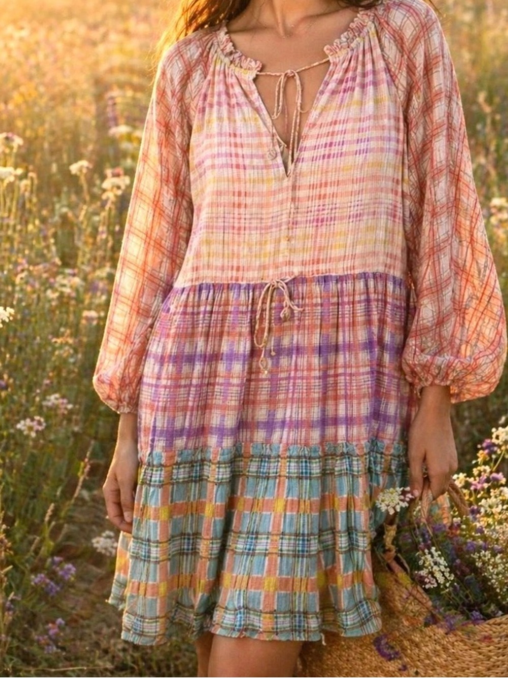 Boho Tie-Neck Tiered Mini Dress in Pastel Plaid
